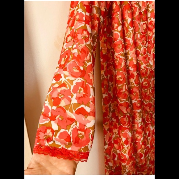 Floral Maxi Dress Size XL Poppy Red🌿Lace Trim🌺Bow Front Casual Eastern Style - Picture 10 of 12